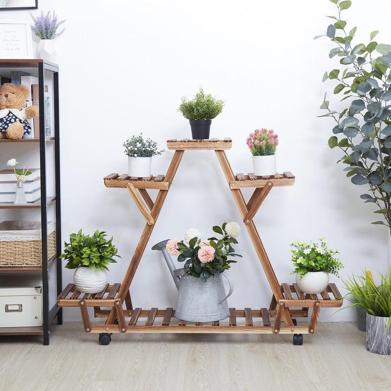 Triangular Plant Shelf with Wheels | Carbonized Wood Flower Pot Stand for Garden | Display and Storage Rack for Multiple Potted Plants